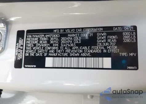 2021 Volvo Xc90 T6 Inscription 7 Passenger from USA, damaged, VIN YV4A22PL4M1759063